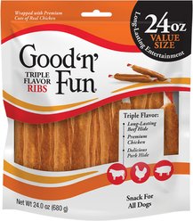 Good 'n' Fun Triple Flavor Ribs Beef, Chicken & Pork Hide Dog Chews, 24-oz bag