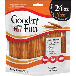 Good 'n' Fun Triple Flavor Ribs Beef, Chicken & Pork Hide Dog Chews, 24-oz bag