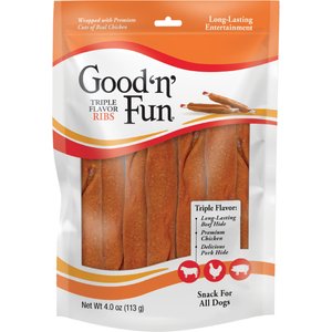 Good 'n' Fun Triple Flavor Ribs Beef, Chicken & Pork Hide Dog Chews, 4-oz bag