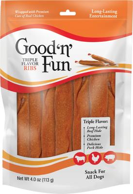 Show full view: Good 'n' Fun Triple Flavor Ribs Beef, Chicken & Pork Hide Dog Chews, 4-oz bag slide 1 of 8