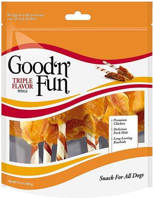 Show full view: Good 'n' Fun Triple Flavor Wings Chicken, Pork & Beef Hide Dog Chews, 12-oz bag, bundle of 2 slide 1 of 7