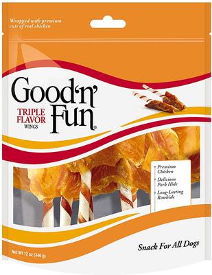 Show full view: Good 'n' Fun Triple Flavor Wings Beef, Pork & Chicken + Kabobs Rawhide Chews Dog Dental Treats slide 2 of 9