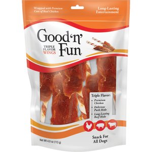 Good 'n' Fun Triple Flavor Wings Chicken, Pork & Beef Hide Dog Chews, 4-oz bag