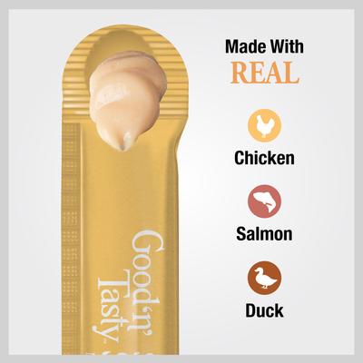 Show full view: Good 'n' Tasty Mousse Squeezer Chicken, Salmon, Duck Lickable Cat Treats, 10 count slide 5 of 13