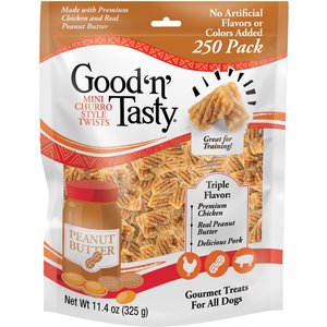 Good 'n' Tasty Triple Flavor Mini Churro Style Twists Chicken, Peanut Butter & Pork Gourmet Crunchy Dog Treats, 250 count
