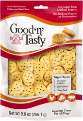 Good 'n' Tasty Triple Flavor Stacks with Cheese, Chicken & Pork Bite Sized Crunchy Dog Treats, 9-oz bag