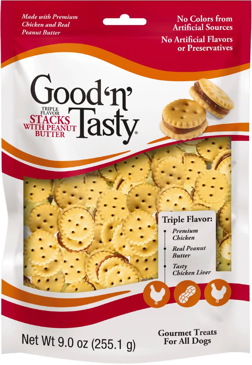 Good 'n' Tasty Triple Flavor Stacks with Peanut Butter, Chicken & Chicken Liver Bite Sized Crunchy Dog Treats