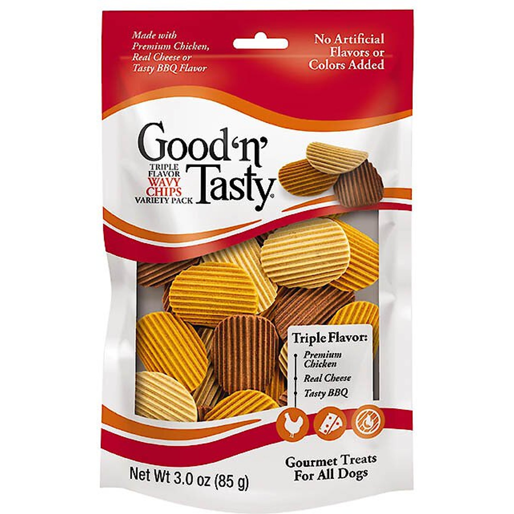 Good 'n' Tasty Triple Flavor Wavy Chips Variety Pack Chicken, Cheese & BBQ Dog Treats, 10-oz bag