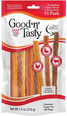 Show full view: Good 'n' Tasty Snap 'Ems Variety Pack Triple Flavor Real Chicken, Duck & Beef Gourmet Reward or Training Sticks Soft & Chewy Dog Treats, 15 count slide 1 of 12