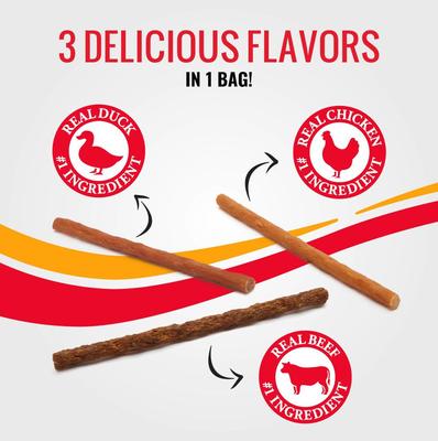 Show full view: Good 'n' Tasty Snap 'Ems Variety Pack Triple Flavor Real Chicken, Duck & Beef Gourmet Reward or Training Sticks Soft & Chewy Dog Treats, 15 count slide 9 of 12