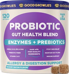 GoodGrowlies Probiotic Gut Health Blend Hickory Bacon Flavored Soft Chew Supplement for Dogs, 120 count