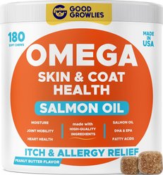 GoodGrowlies Wild Alaskan Salmon Oil Itch & Allergy Relief Skin & Coat with Omega 3 Supplement for Dogs, 180 count