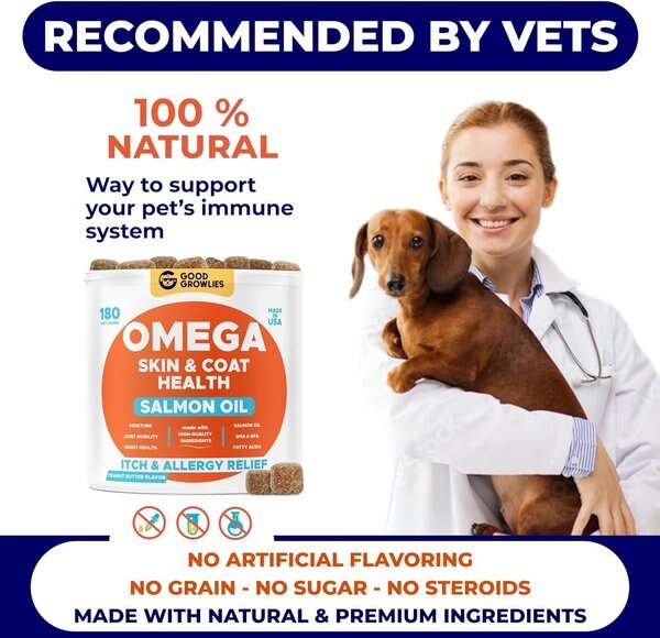 GoodGrowlies Wild Alaskan Salmon Oil Itch & Allergy Relief Skin & Coat with Omega 3 Supplement for Dogs, 180 count