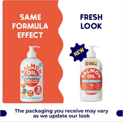 Show full view: GoodGrowlies Wild Alaskan Salmon Oil Omega-3 DHA + EPA Skin & Coat Supplement for Dogs & Cats, 32-fl oz bottle slide 8 of 9
