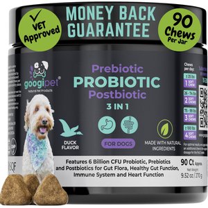 Googipet 3-in-1 Digestive Probiotic Duck Flavored Soft Chew Supplement for Dogs, 90 count