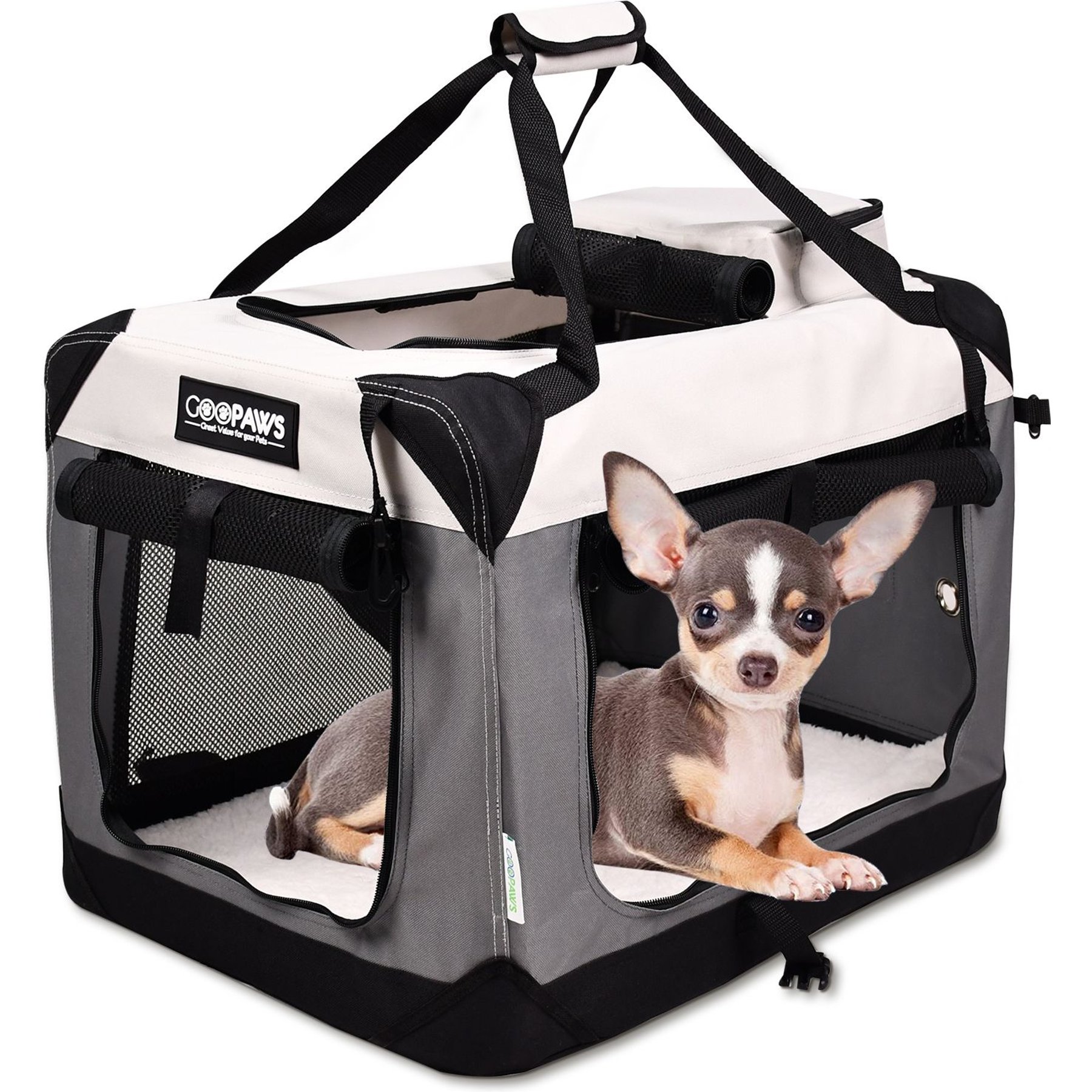 GOOPAWS 3-Door Collapsible Soft-Sided Dog & Cat Crate, Light Grey, Small