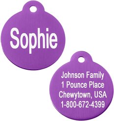 GoTags Anodized Aluminum Personalized Dog ID Tag, Round, Purple, Regular