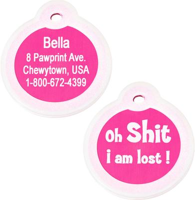 Show full view: GoTags Anodized Aluminum Personalized Silencer Dog & Cat ID Tag, "Oh...I am lost", Pink slide 1 of 6