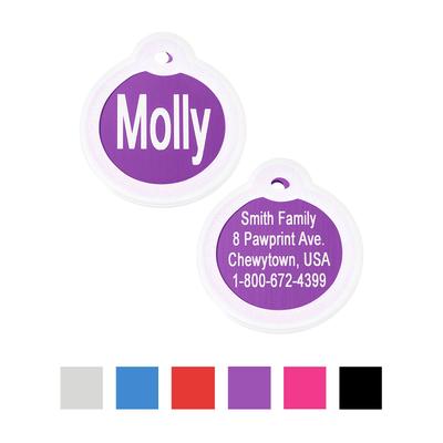 Show full view: GoTags Anodized Aluminum Personalized Silencer Dog & Cat ID Tag, Round, Purple, Regular slide 1 of 7