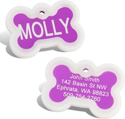 Show full view: GoTags Anodized Aluminum Personalized Silencer Dog ID Tag, Bone, Purple, Regular slide 1 of 7
