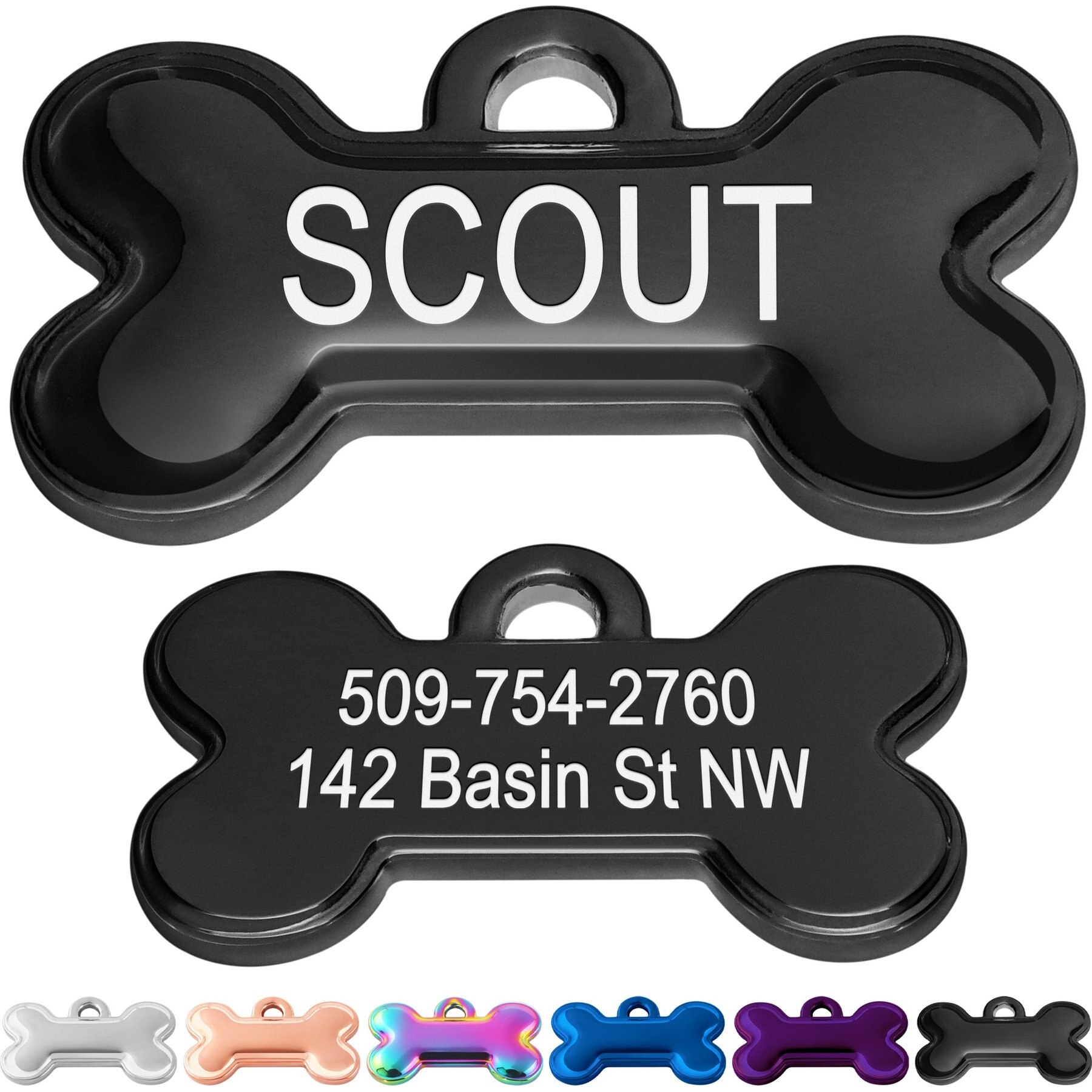 GoTags Bone Shaped Stainless Steel Personalized Dog & Cat ID Tag, Black