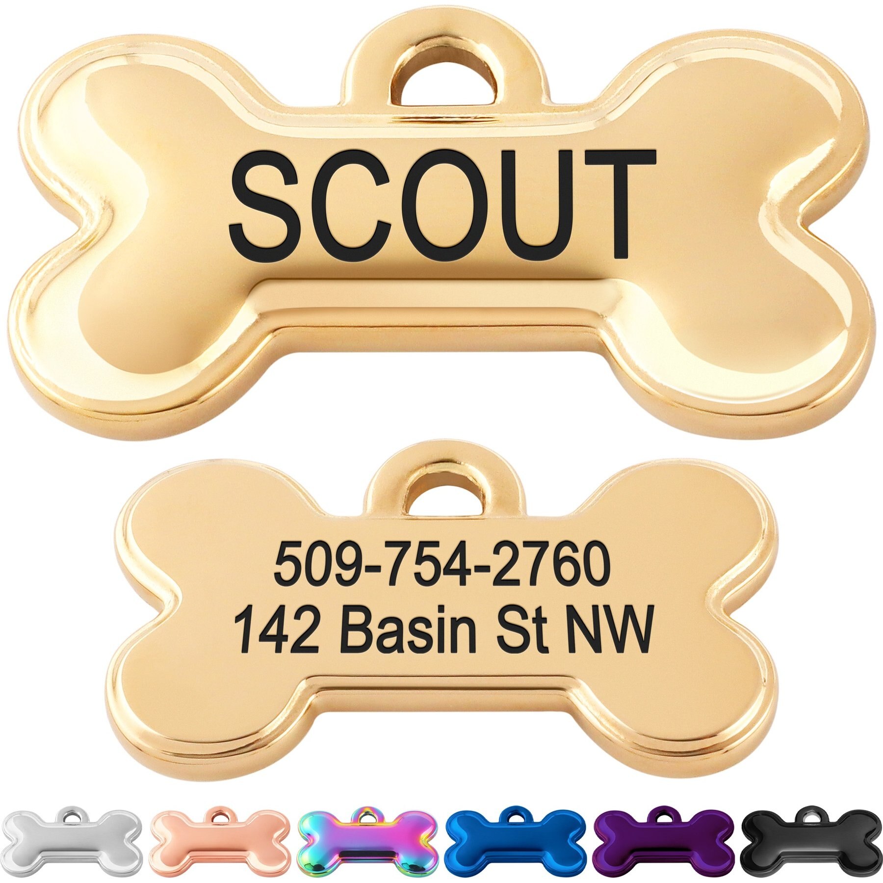 GoTags Bone Shaped Stainless Steel Personalized Dog & Cat ID Tag, Gold