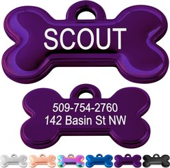 GoTags Bone Shaped Stainless Steel Personalized Dog & Cat ID Tag, Purple