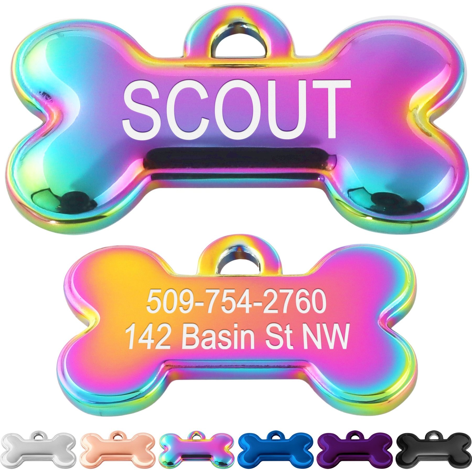 GoTags Bone Shaped Stainless Steel Personalized Dog & Cat ID Tag, Rainbow