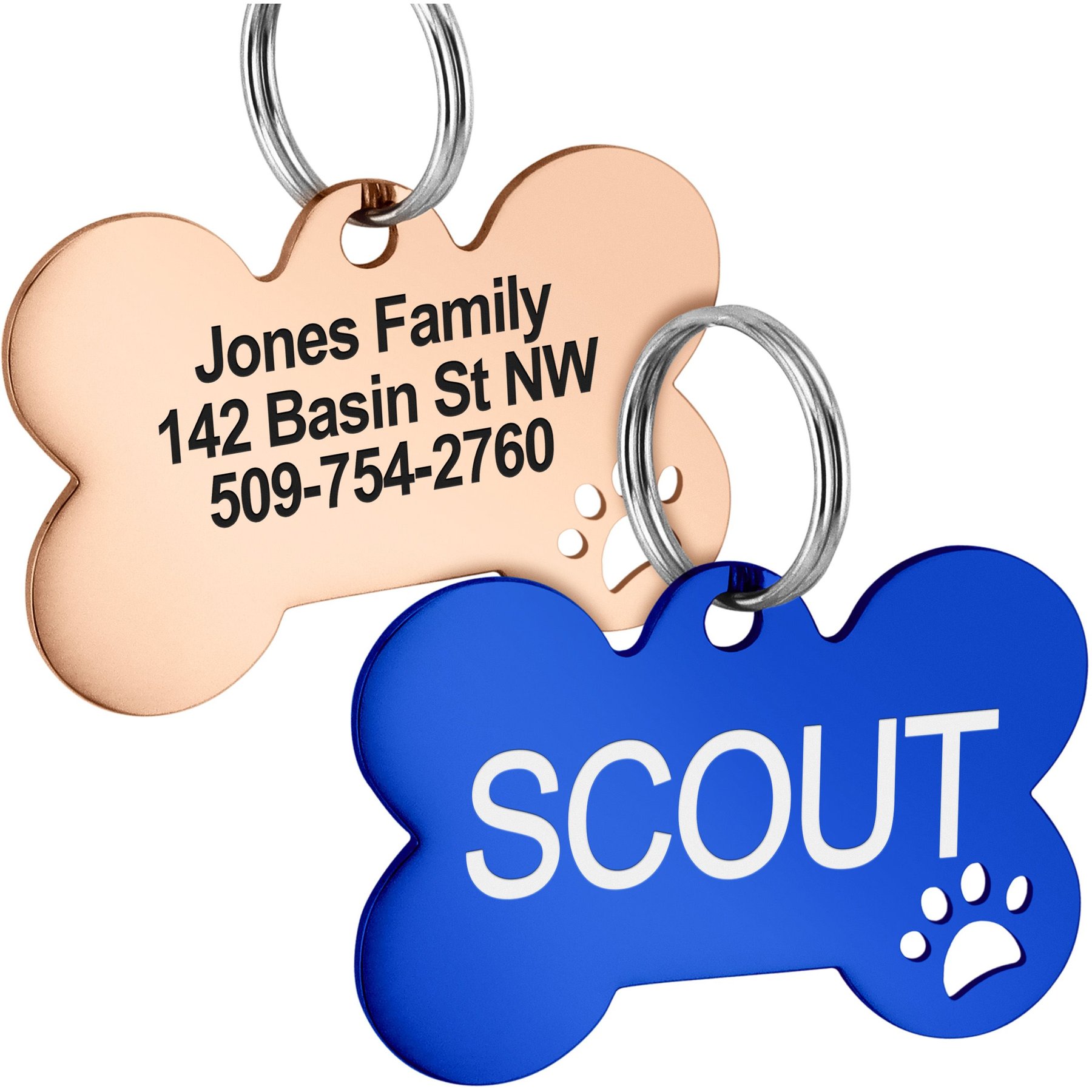 GoTags Bone with Paw Cutout Stainless Steel Personalized Dog & Cat ID Tag, Blue, Small