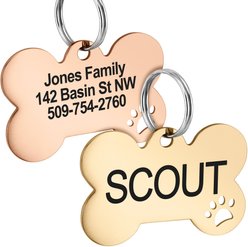GoTags Bone with Paw Cutout Stainless Steel Personalized Dog & Cat ID Tag, Gold, Large