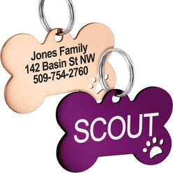 GoTags Bone with Paw Cutout Stainless Steel Personalized Dog & Cat ID Tag, Purple, Large