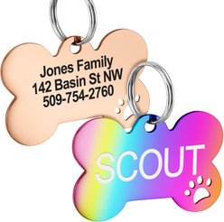 GoTags Bone with Paw Cutout Stainless Steel Personalized Dog & Cat ID Tag, Rainbow, Large