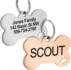 GoTags Bone with Paw Cutout Stainless Steel Personalized Dog & Cat ID Tag, Rose Gold, Large