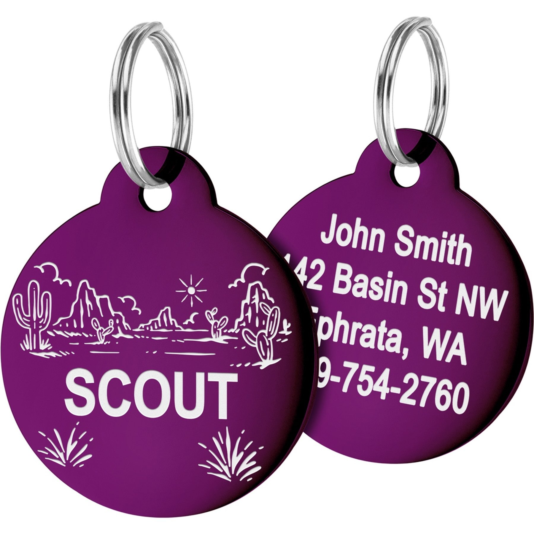 GoTags Desert Design Stainless Steel Personalized Dog & Cat ID Tag, Purple, Regular