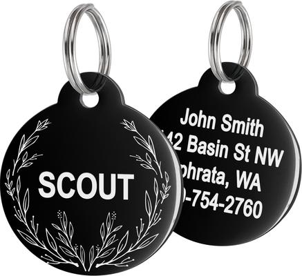 Show full view: GoTags Floral 1 Design Stainless Steel Personalized Dog & Cat ID Tag, Black, Small slide 1 of 8