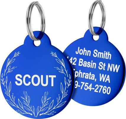 Show full view: GoTags Floral 1 Design Stainless Steel Personalized Dog & Cat ID Tag, Blue, Small slide 1 of 8