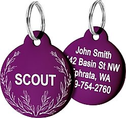 GoTags Floral 1 Design Stainless Steel Personalized Dog & Cat ID Tag, Purple, Small