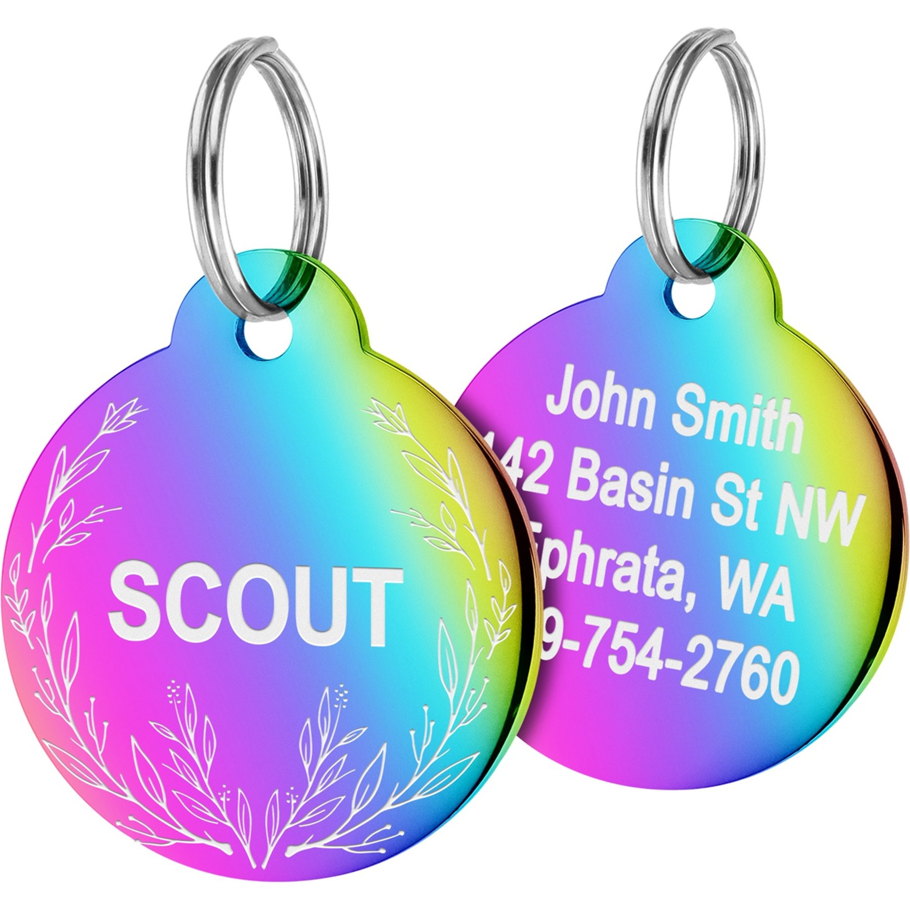 GoTags Floral 1 Design Stainless Steel Personalized Dog & Cat ID Tag, Rainbow, Regular