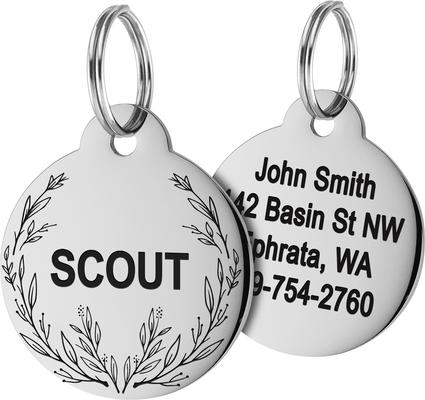 Show full view: GoTags Floral 1 Design Stainless Steel Personalized Dog & Cat ID Tag, Silver, Small slide 1 of 8