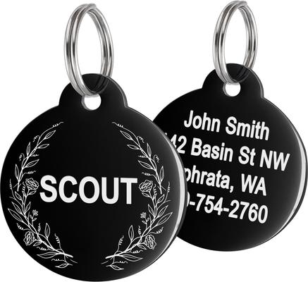 Show full view: GoTags Floral 2 Design Stainless Steel Personalized Dog & Cat ID Tag, Black, Regular slide 1 of 8