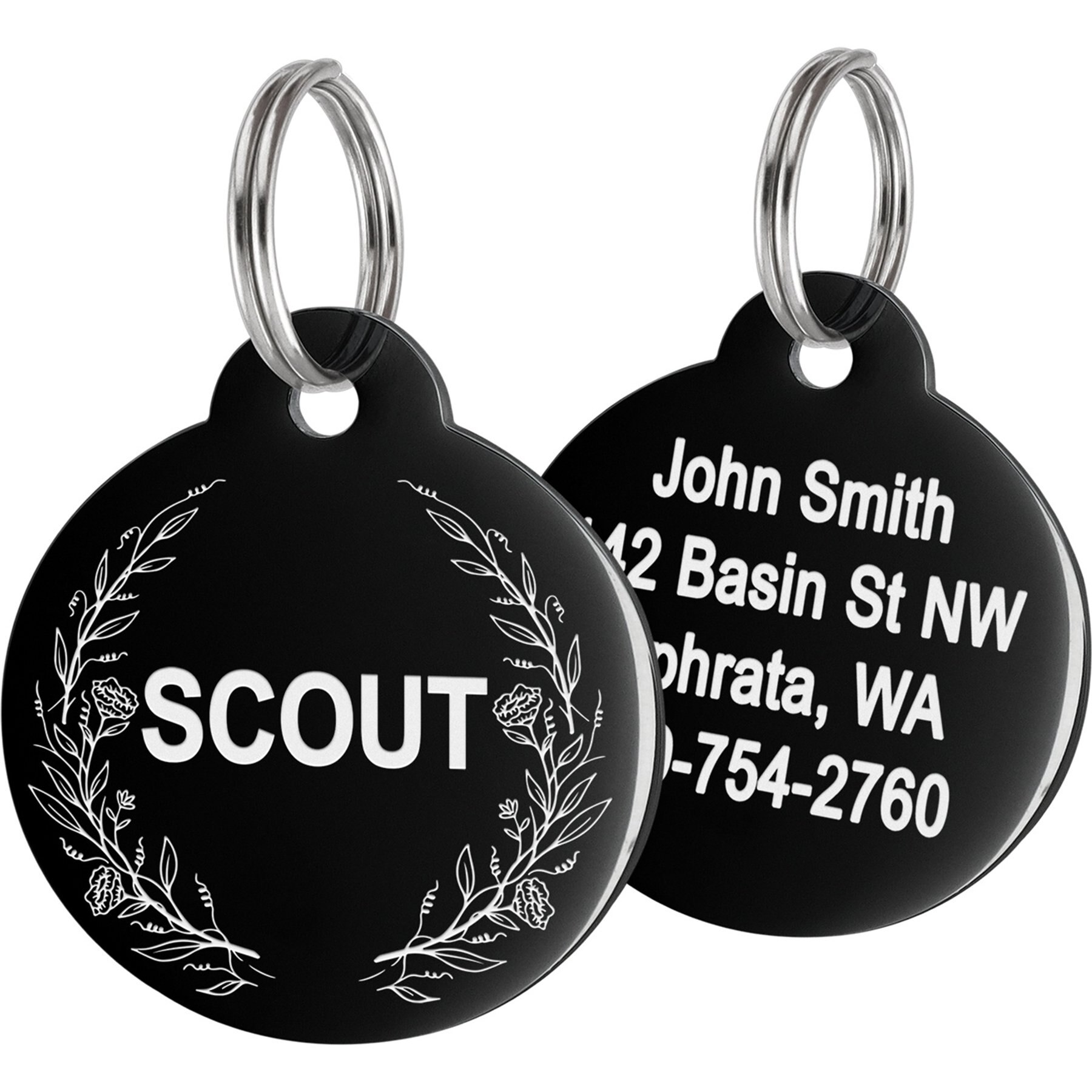 GoTags Floral 2 Design Stainless Steel Personalized Dog & Cat ID Tag, Black, Small