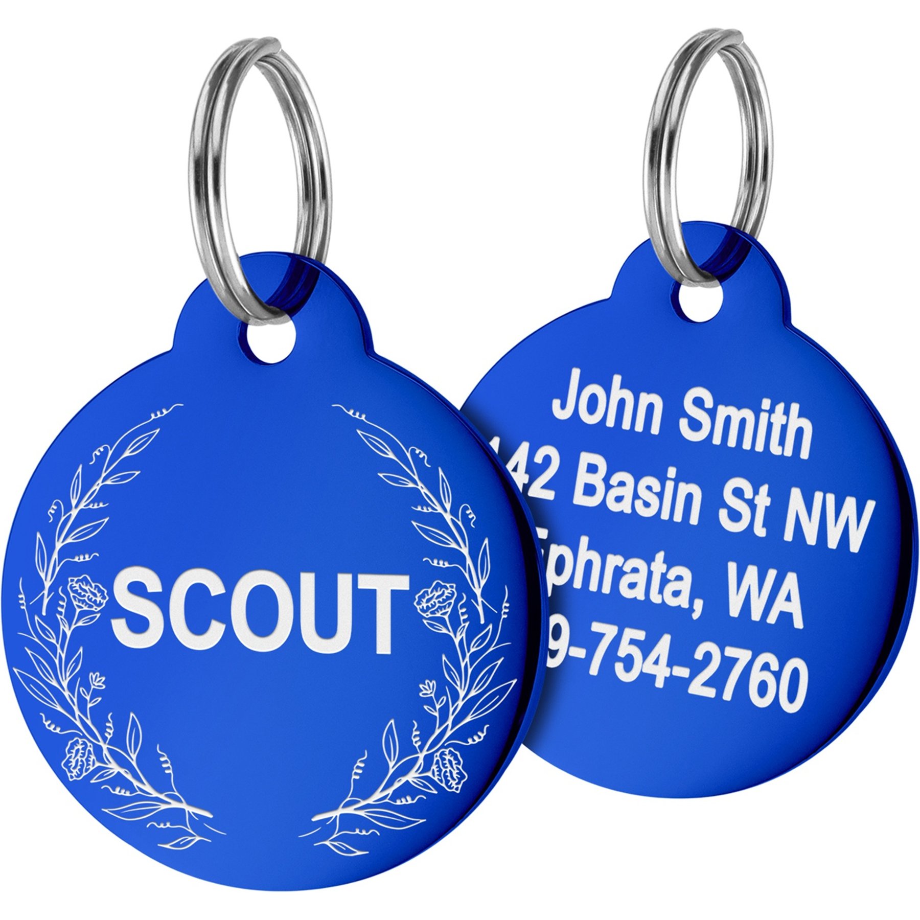 GoTags Floral 2 Design Stainless Steel Personalized Dog & Cat ID Tag, Blue, Regular