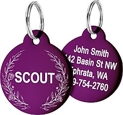 GoTags Floral 2 Design Stainless Steel Personalized Dog & Cat ID Tag, Purple, Regular