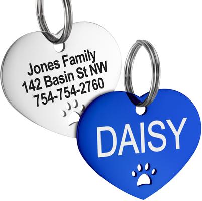 Show full view: GoTags Heart with Paw Cutout Stainless Steel Personalized Dog & Cat ID Tag, Blue, Small slide 1 of 6