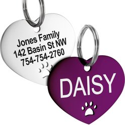 GoTags Heart with Paw Cutout Stainless Steel Personalized Dog & Cat ID Tag, Purple, Large
