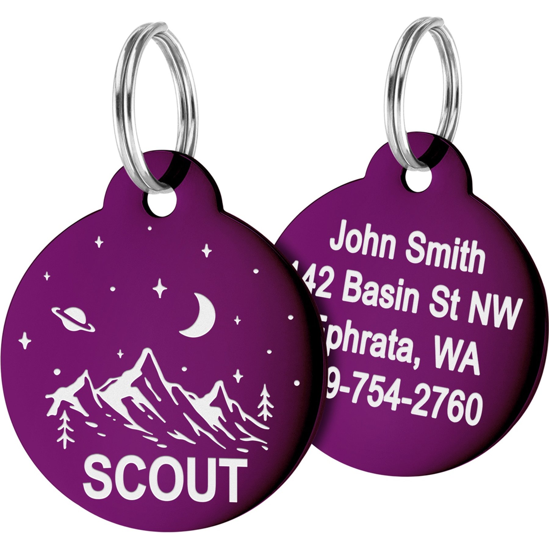 GoTags Mountain 2 Design Stainless Steel Personalized Dog & Cat ID Tag, Purple, Small