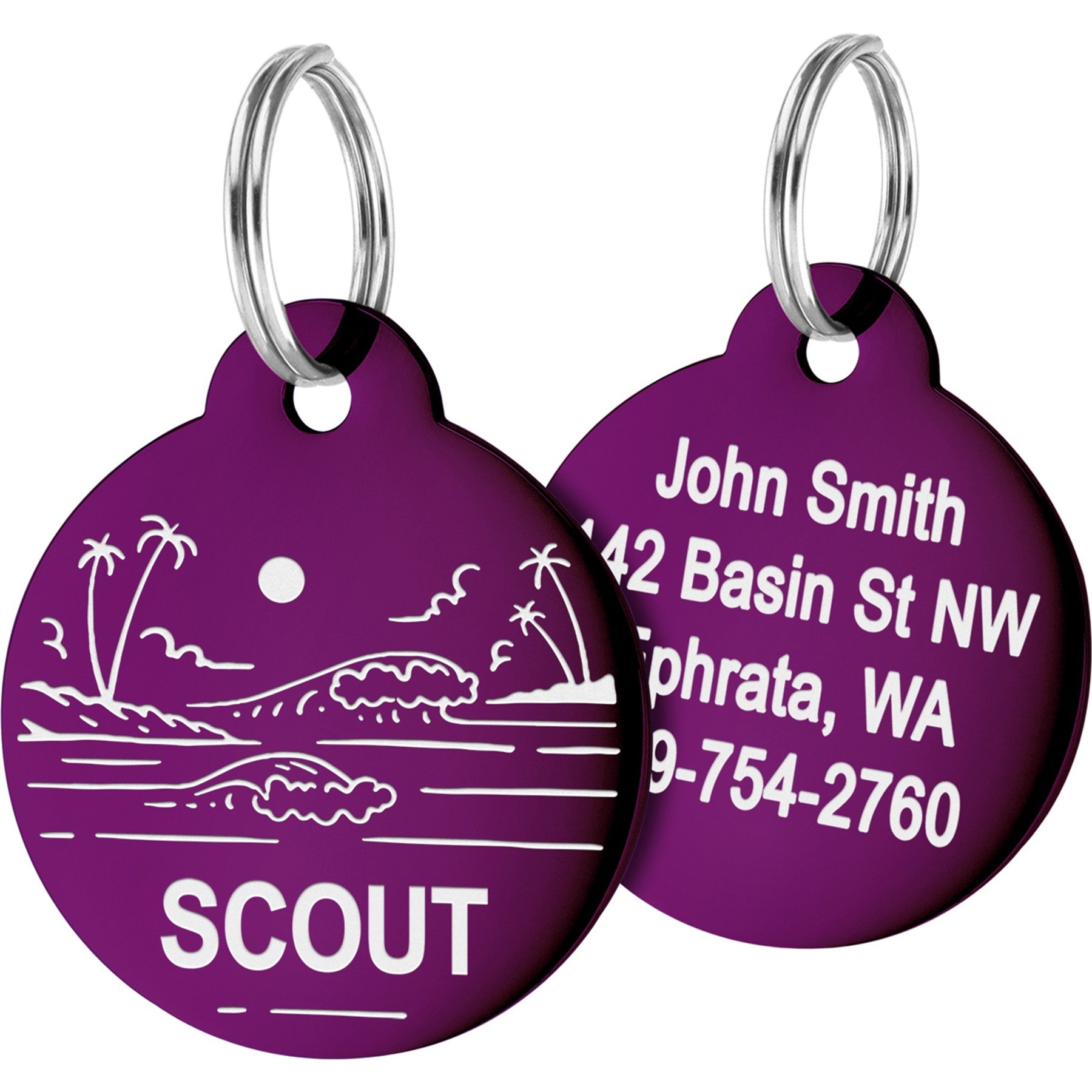GoTags Ocean Design Stainless Steel Personalized Dog & Cat ID Tag, Purple, Regular