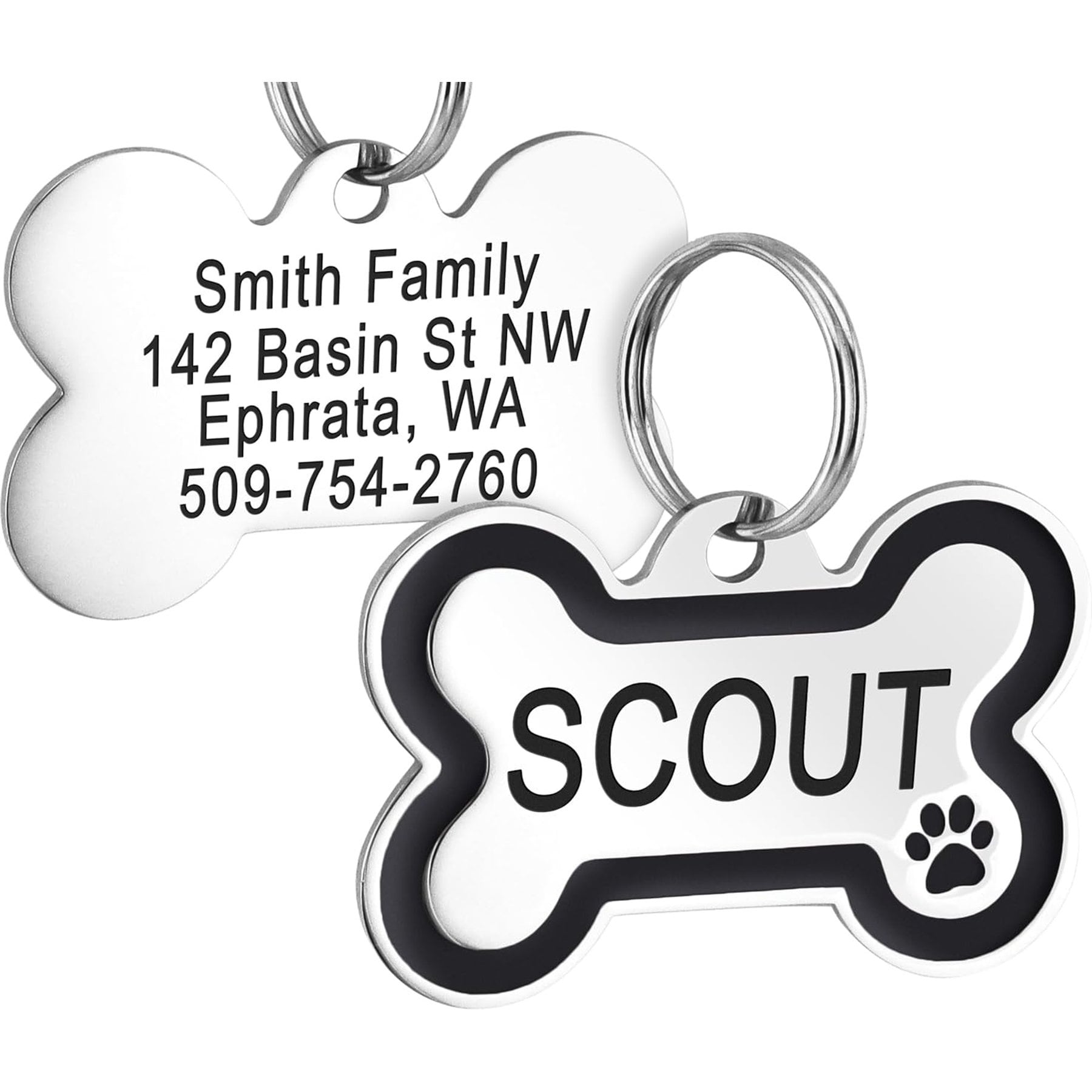 GoTags Personalized Stainless Steel with Enamel Paw Design Bone Shaped Pet ID Tag, Charcoal, Regular