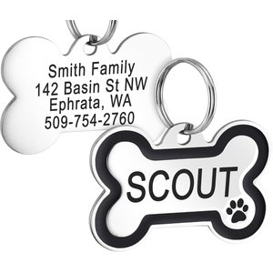 GoTags Personalized Stainless Steel with Enamel Paw Design Bone Shaped Pet ID Tag, Charcoal, Regular