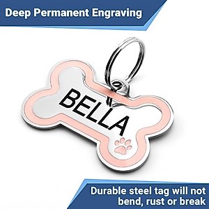 GoTags Personalized Stainless Steel with Enamel Paw Design Bone Shaped Pet ID Tag, Charcoal, Regular